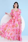 Buy_Mandira Wirk_Pink Chiffon Lilium Floral V Neck Cascade Drape Maxi Dress_at_Aza_Fashions