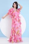 Mandira Wirk_Pink Chiffon Lilium Floral V Neck Cascade Drape Maxi Dress_Online_at_Aza_Fashions