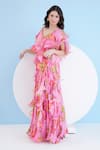 Buy_Mandira Wirk_Pink Chiffon Lilium Floral V Neck Cascade Drape Maxi Dress_Online_at_Aza_Fashions