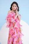 Shop_Mandira Wirk_Pink Chiffon Lilium Floral V Neck Cascade Drape Maxi Dress_Online_at_Aza_Fashions