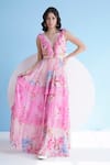 Buy_Mandira Wirk_Pink Chiffon Printed Pastoral Plunge V Maxi Dress _at_Aza_Fashions