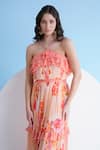 Shop_Mandira Wirk_Orange Chiffon Printed Floral Halter Pleated Maxi Dress _Online_at_Aza_Fashions