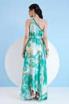 Shop_Mandira Wirk_Green Satin Printed Wave Abstract Trippy Romance One Shoulder Kaftan With Belt _at_Aza_Fashions