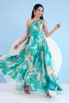 Buy_Mandira Wirk_Green Satin Printed Wave Abstract Trippy Romance One Shoulder Kaftan With Belt _Online_at_Aza_Fashions