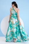 Shop_Mandira Wirk_Green Satin Printed Wave Abstract Trippy Romance One Shoulder Kaftan With Belt _Online_at_Aza_Fashions