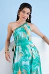 Mandira Wirk_Green Satin Printed Wave Abstract Trippy Romance One Shoulder Kaftan With Belt _at_Aza_Fashions