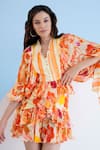 Shop_Mandira Wirk_Orange Chiffon Printed Orchid Frill V Neck Dress_Online_at_Aza_Fashions