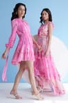 Mandira Wirk Resort_Pink Chiffon Printed Floral Stripe Asymmetric Pastoral Mist One Shoulder Dress _Online_at_Aza_Fashions