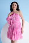 Shop_Mandira Wirk_Pink Chiffon Printed Floral Stripe Asymmetric Pastoral Mist One Shoulder Dress _Online_at_Aza_Fashions