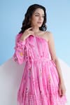 Mandira Wirk Resort_Pink Chiffon Printed Floral Stripe Asymmetric Pastoral Mist One Shoulder Dress _at_Aza_Fashions