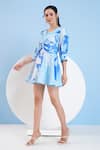 Mandira Wirk_Blue Cotton Linen Printed Abstract V Neck Dress _Online_at_Aza_Fashions