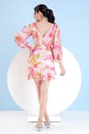 Shop_Mandira Wirk_Pink Chiffon Printed Flower V Neck Short Frill Dress _at_Aza_Fashions