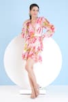 Buy_Mandira Wirk_Pink Chiffon Printed Flower V Neck Short Frill Dress _Online_at_Aza_Fashions