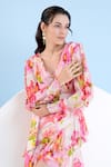 Shop_Mandira Wirk_Pink Chiffon Printed Flower V Neck Short Frill Dress _Online_at_Aza_Fashions