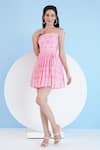 Mandira Wirk Resort_Pink Cotton Slub Printed Geometric Square Neck Ice Fly Gathered Short Dress _Online_at_Aza_Fashions