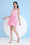 Buy_Mandira Wirk Resort_Pink Cotton Slub Printed Geometric Square Neck Ice Fly Gathered Short Dress _Online_at_Aza_Fashions