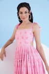 Mandira Wirk Resort_Pink Cotton Slub Printed Geometric Square Neck Ice Fly Gathered Short Dress _at_Aza_Fashions