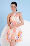 Shop_Mandira Wirk_Peach Viscose Crepe Printed Abstract Floral Asymmetric Pastoral Mist Dress_Online_at_Aza_Fashions