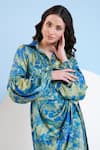 Shop_Mandira Wirk_Blue Satin Printed Botanical Collar Dress With Belt_Online_at_Aza_Fashions
