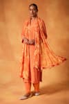 Buy_Saundh_Orange Kurta Natural Crepe Print Blossom Round Neck A-line Pant Set_at_Aza_Fashions