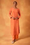 Saundh_Orange Kurta Natural Crepe Print Blossom Round Neck A-line Pant Set_Online_at_Aza_Fashions