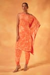 Saundh_Orange Natural Crepe Print Ambrosia One Shoulder Kurta With Dhoti Pant_Online_at_Aza_Fashions