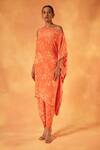 Shop_Saundh_Orange Natural Crepe Print Ambrosia One Shoulder Kurta With Dhoti Pant_Online_at_Aza_Fashions