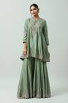 Buy_Jayanti Reddy_Green Chanderi Placement Hand Embroidery Floral Pleated Sharara  _at_Aza_Fashions