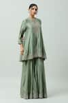 Shop_Jayanti Reddy_Green Chanderi Placement Hand Embroidery Floral Pleated Sharara  _at_Aza_Fashions