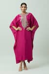 Buy_JAYANTI REDDY_Pink Dupion Silk Placement Hand Embroidery Floral Round Yoke Kaftan  _at_Aza_Fashions