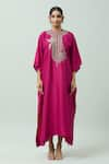 JAYANTI REDDY_Pink Dupion Silk Placement Hand Embroidery Floral Round Yoke Kaftan  _Online_at_Aza_Fashions