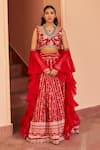 Buy_Chhavvi Aggarwal_Red Georgette Printed Floral Stripe V Neck Lehenga Set _at_Aza_Fashions