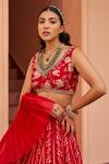 Chhavvi Aggarwal_Red Georgette Printed Floral Stripe V Neck Lehenga Set _Online_at_Aza_Fashions