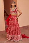 Buy_Chhavvi Aggarwal_Red Georgette Printed Floral Stripe V Neck Lehenga Set _Online_at_Aza_Fashions