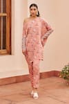Buy_Chhavvi Aggarwal_Pink Crepe Printed Flower Asymmetric One Shoulder Top And Pant Set _at_Aza_Fashions