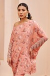 Shop_Chhavvi Aggarwal_Pink Crepe Printed Flower Asymmetric One Shoulder Top And Pant Set _Online_at_Aza_Fashions