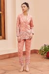 Buy_Chhavvi Aggarwal_Pink Crepe Printed Floral Stripe Notched Flower Jacket And Pant Set  _at_Aza_Fashions