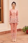 Shop_Chhavvi Aggarwal_Pink Crepe Printed Floral Stripe Notched Flower Jacket And Pant Set  _Online_at_Aza_Fashions