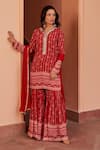Buy_Chhavvi Aggarwal_Red Georgette Printed Floral Stripe Notched Kurta Sharara Set _at_Aza_Fashions