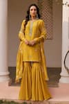 Buy_Chhavvi Aggarwal_Yellow Tissue Embroidery Mirror Round Work Kurta Sharara Set  _at_Aza_Fashions