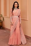 Buy_Chhavvi Aggarwal_Pink Crepe Printed Floral Stripe Blunt V Pre-draped Saree With Blouse  _at_Aza_Fashions