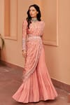 Shop_Chhavvi Aggarwal_Pink Crepe Printed Floral Stripe Blunt V Neck Pre-draped Saree With Blouse _Online_at_Aza_Fashions