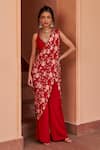 Buy_Chhavvi Aggarwal_Red Crepe Printed Flower Leaf Neck Placement Pant Saree With Blouse _at_Aza_Fashions