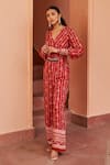 Chhavvi Aggarwal_Red Crepe Printed Flower Stripe V Neck Jumpsuit _Online_at_Aza_Fashions