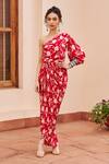Buy_Chhavvi Aggarwal_Red Crepe Printed Botanical Asymmetric One Shoulder Draped Dress _at_Aza_Fashions