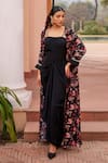 Buy_Chhavvi Aggarwal_Black Crepe Printed Floral Jacket Open Long With Draped Dress _at_Aza_Fashions