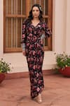 Buy_Chhavvi Aggarwal_Black Crepe Printed Floral V-neck Draped Dress  _at_Aza_Fashions