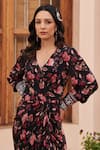 Buy_Chhavvi Aggarwal_Black Crepe Printed Floral V-neck Draped Dress  _Online_at_Aza_Fashions