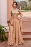 Buy_Chhavvi Aggarwal_Beige Banarasi Blossom Pattern Lehenga Set With Mirrorwork Blouse _at_Aza_Fashions