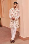 Buy_Chhavvi Aggarwal_Ivory Chanderi Silk Print Gardenia Longline Bundi Kurta Set  _at_Aza_Fashions